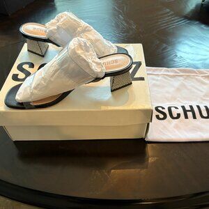 SCHUTZ Ariellen Low Sandal Black Leather Vinyl Strap Rhinestone Heels - SZ 8 Box